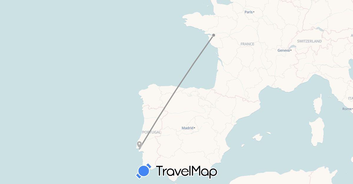 TravelMap itinerary: driving, plane in France, Portugal (Europe)